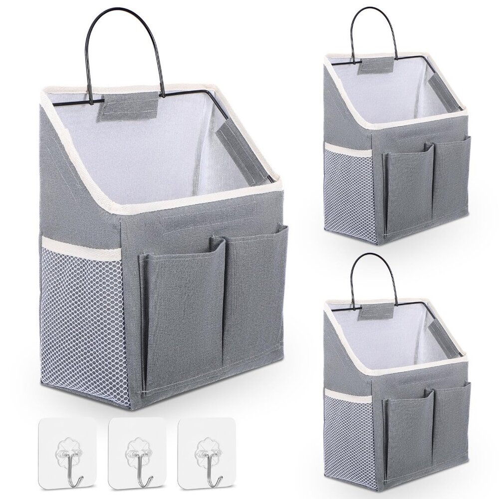3-Pack Hanging Storage Bags with Hooks, Cotton Linen Fabric, Waterproof